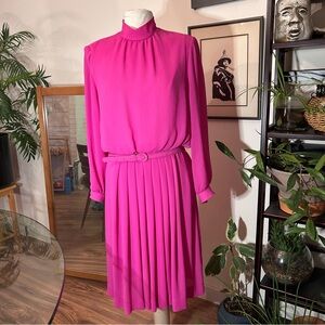 Vintage 80s XL Pink Belted Dress Pleated Midi Long Puffed Sleeve Shoulder Pads